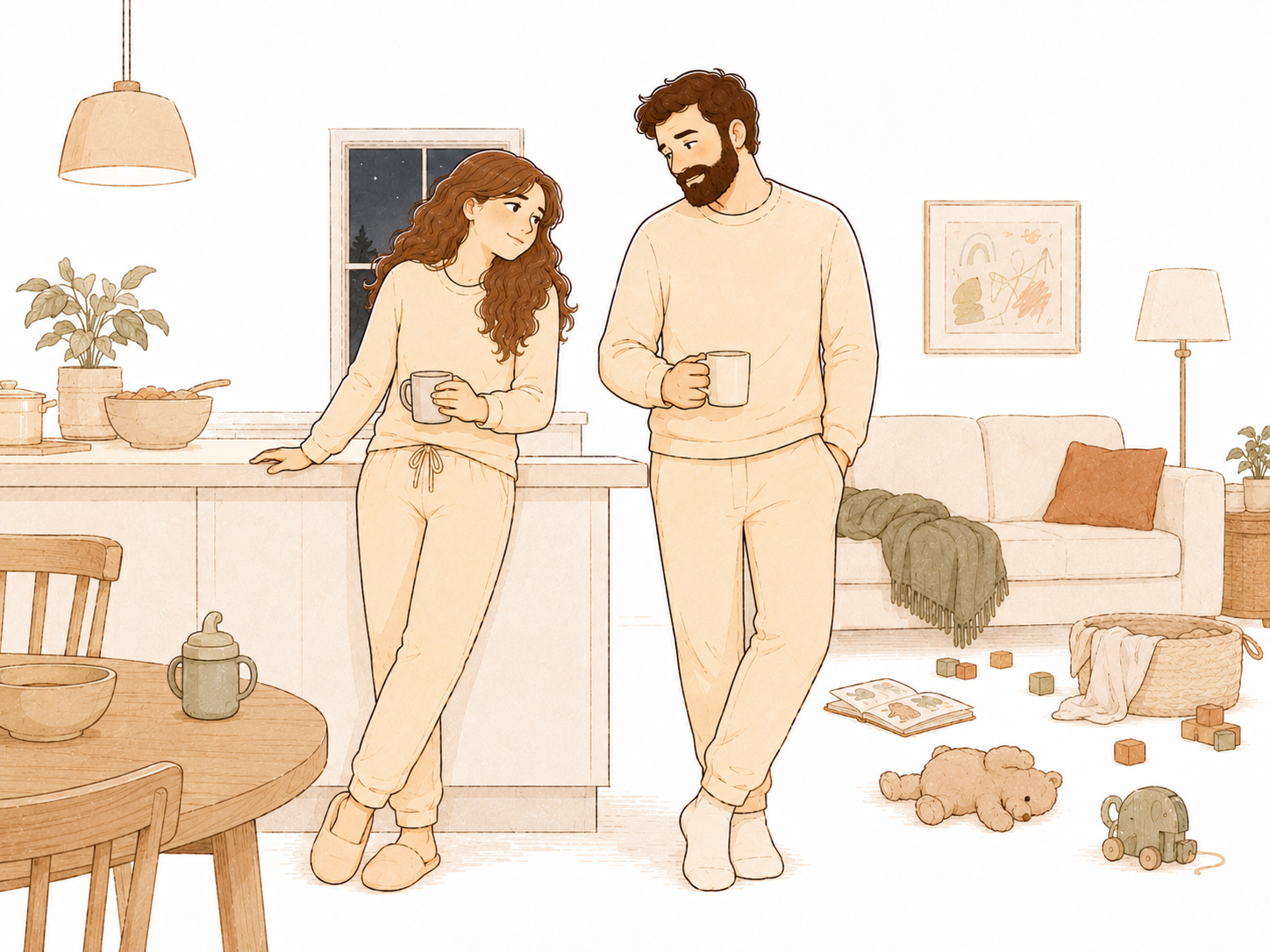 Mom and dad in the kitchen after bedtime, mugs in hand, catching each other's eye, tired but together